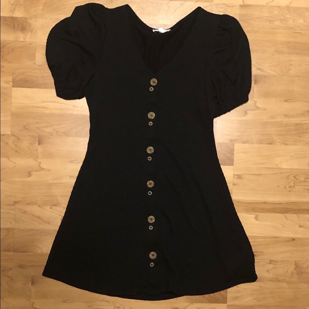 Black Button Down Puff Shoulder Dress
